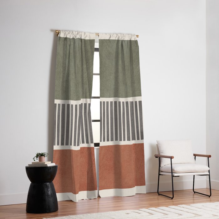 Terra Green Gray Lines Bold Minimalist Design Artwork Window Curtain Gallery Image 2