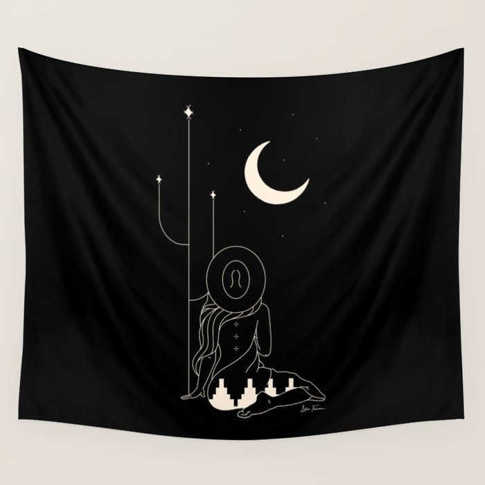Talking to the Moon - Black and White Wall Tapestry Gallery Image 1