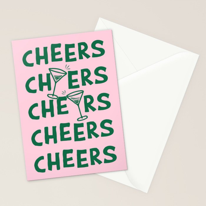 Cheers. Cocktails and Drinks in Forest Green and Pink Stationery Card Gallery Image 2
