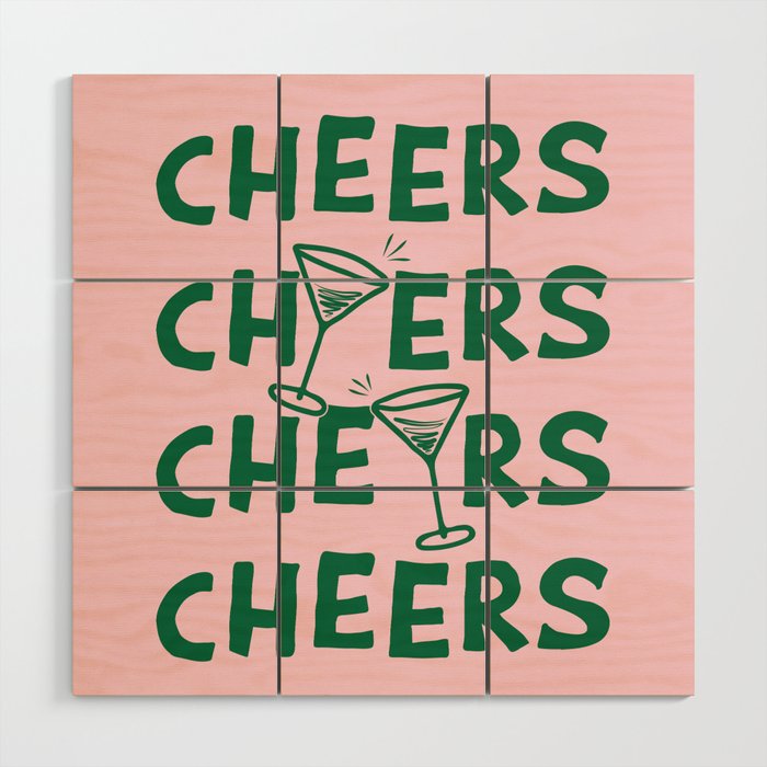Cheers. Cocktails and Drinks in Forest Green and Pink Wood Wall Art Gallery Image 1
