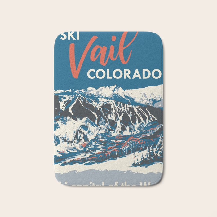 Vintage Vail Ski Poster Blue Bath Mat Gallery Image 1