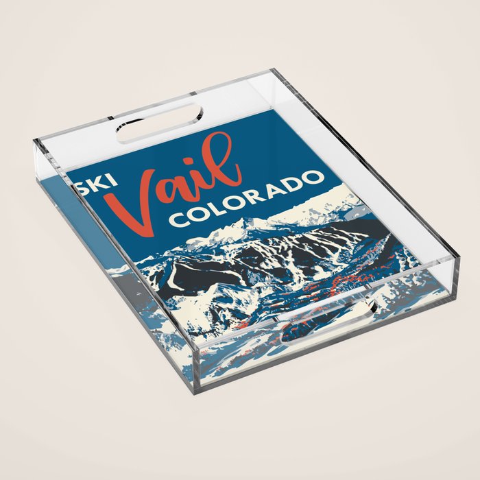 Vintage Vail Ski Poster Blue Acrylic Tray Gallery Image 1