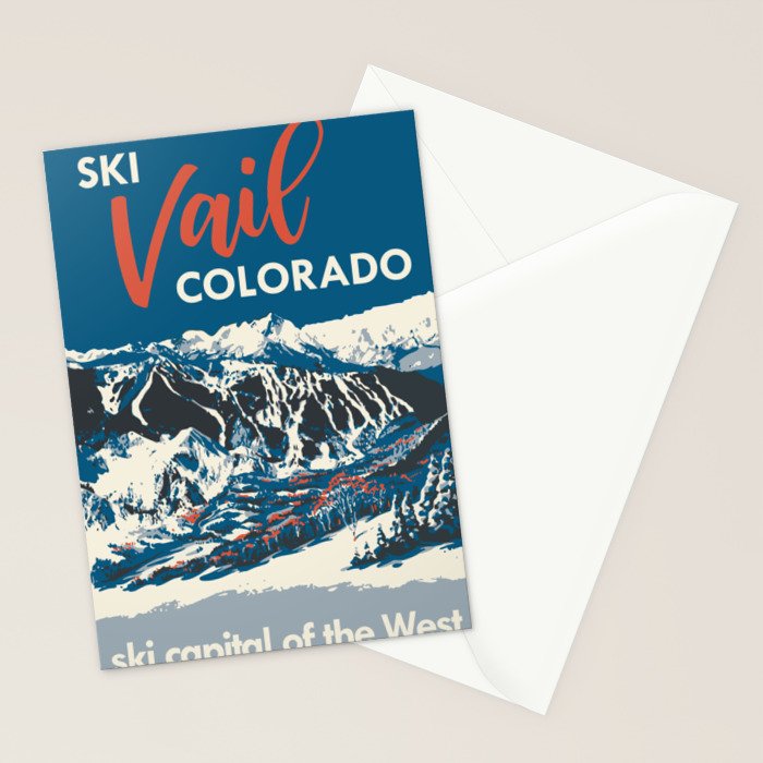 Vintage Vail Ski Poster Blue Stationery Card Gallery Image 2