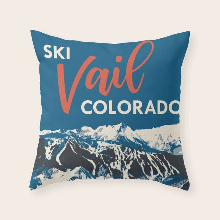 Vintage Vail Ski Poster Blue Throw Pillow Gallery Image 6