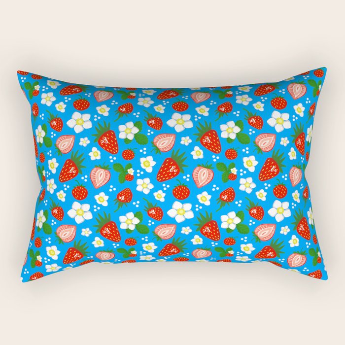 Strawberries Galore Pattern On Blue Rectangular Pillow Gallery Image 2