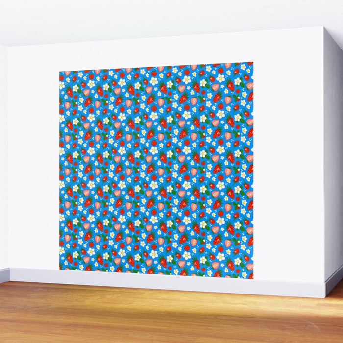 Strawberries Galore Pattern On Blue Wall Mural Gallery Image 2
