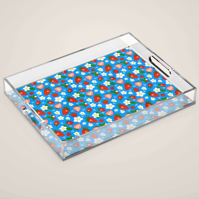 Strawberries Galore Pattern On Blue Acrylic Tray Gallery Image 1