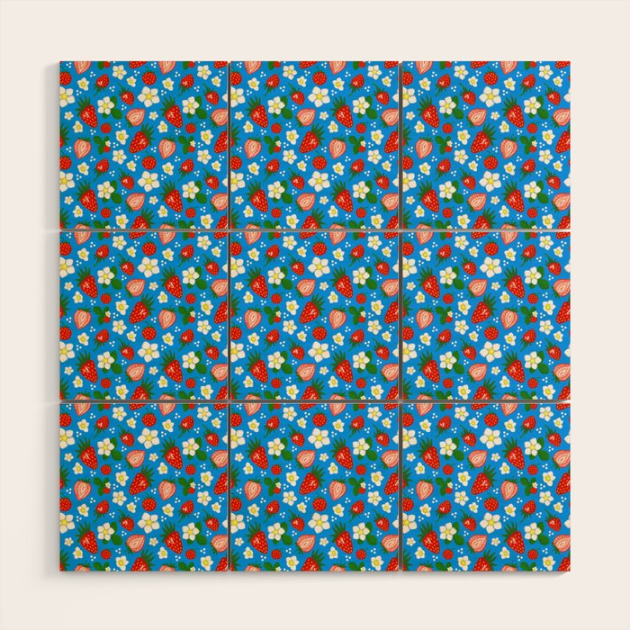 Strawberries Galore Pattern On Blue Wood Wall Art Gallery Image 1
