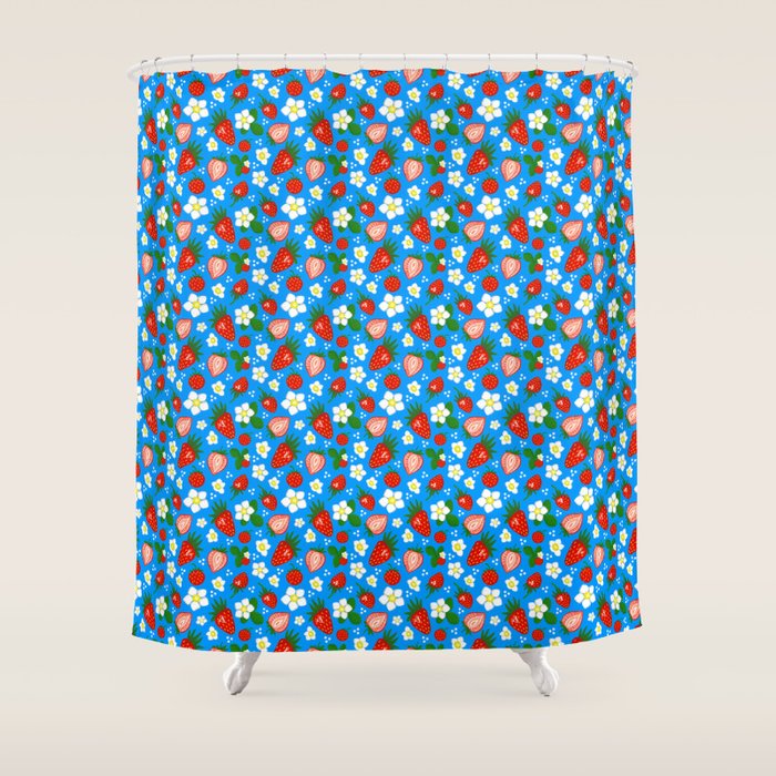 Strawberries Galore Pattern On Blue Shower Curtain Gallery Image 1