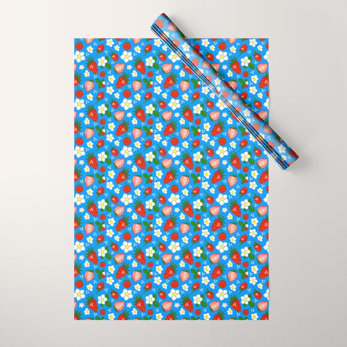 Strawberries Galore Pattern On Blue Wrapping Paper Gallery Image 1