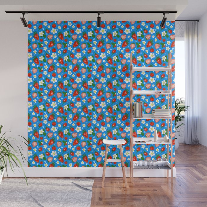 Strawberries Galore Pattern On Blue Wall Mural Gallery Image 1