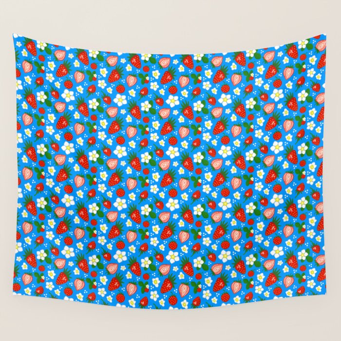 Strawberries Galore Pattern On Blue Wall Tapestry Gallery Image 1