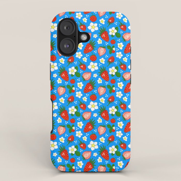 Strawberries Galore Pattern On Blue iPhone Case Gallery Image 1