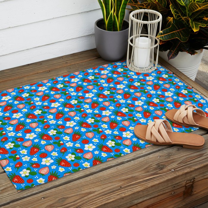 Strawberries Galore Pattern On Blue Outdoor Rug Gallery Image 2