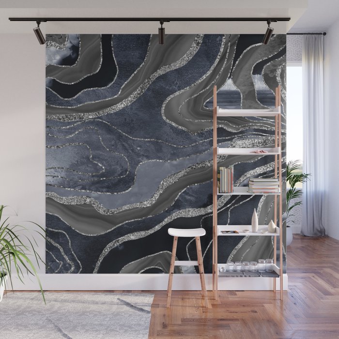 Navy Blue Black Marble Agate Silver Glitter Glam #1 (Faux Glitter) #decor #art #society6 Wall Mural Gallery Image 1