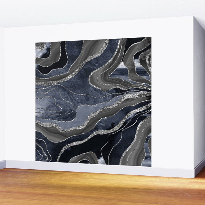 Navy Blue Black Marble Agate Silver Glitter Glam #1 (Faux Glitter) #decor #art #society6 Wall Mural Gallery Image 2