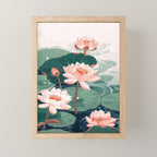 Japanese Wall Art Floral Lotus Painting Pink Pastel Green botanical Wabi Sabi Flower Poster  Mini Art Print Gallery Image 1