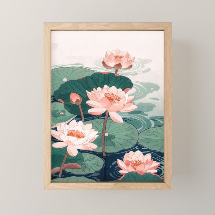 Japanese Wall Art Floral Lotus Painting Pink Pastel Green botanical Wabi Sabi Flower Poster  Mini Art Print Gallery Image 1