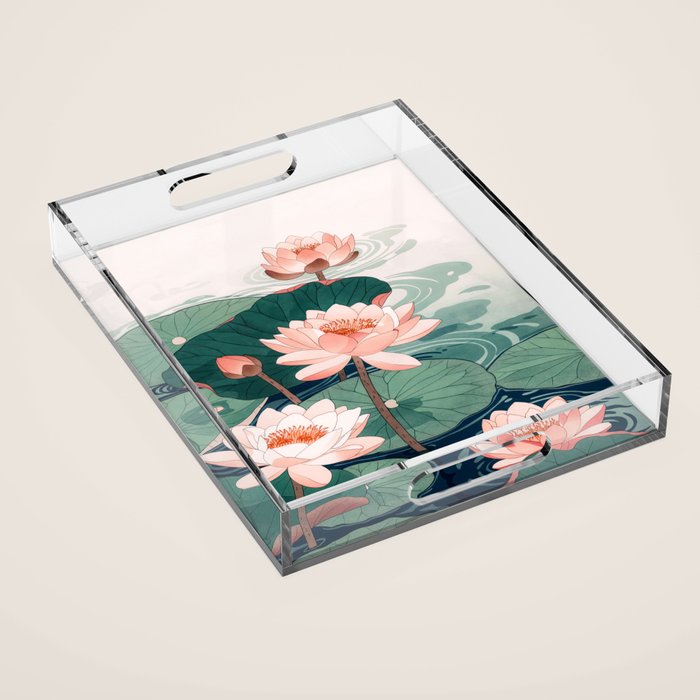 Japanese Wall Art Floral Lotus Painting Pink Pastel Green botanical Wabi Sabi Flower Poster  Acrylic Tray Gallery Image 1