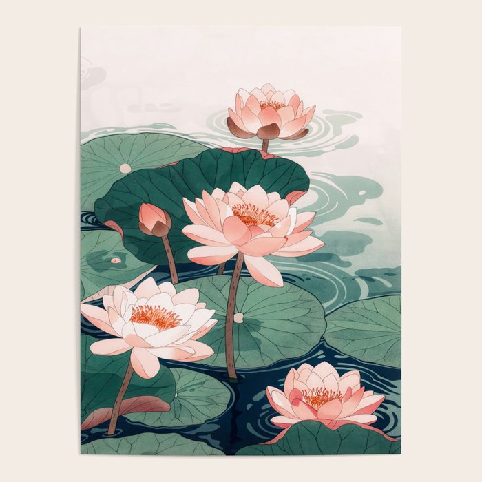 Japanese Wall Art Floral Lotus Painting Pink Pastel Green botanical Wabi Sabi Flower Poster  Poster Gallery Image 1