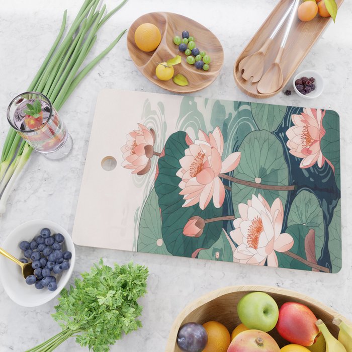 Japanese Wall Art Floral Lotus Painting Pink Pastel Green botanical Wabi Sabi Flower Poster  Cutting Board Gallery Image 2