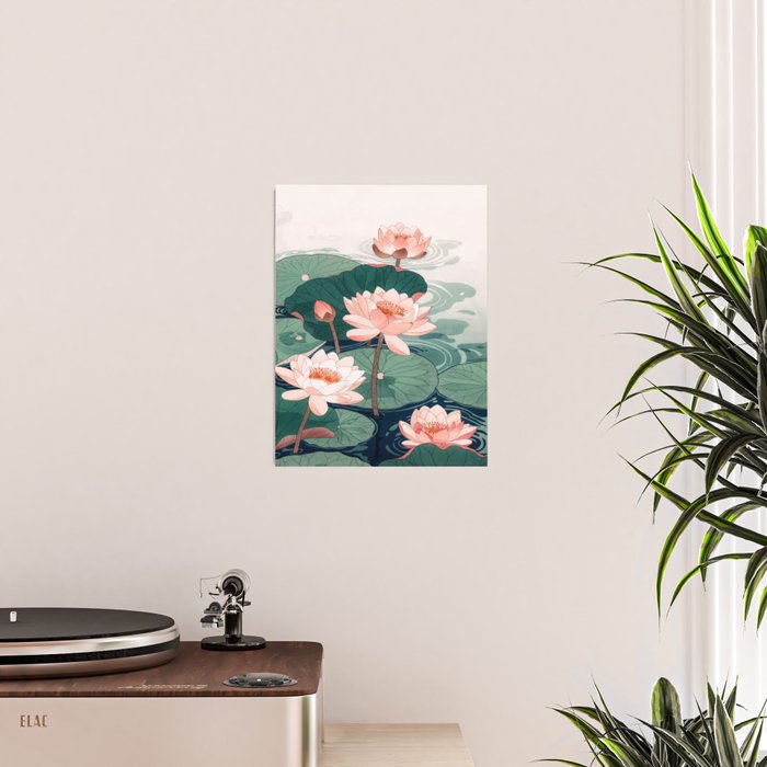 Japanese Wall Art Floral Lotus Painting Pink Pastel Green botanical Wabi Sabi Flower Poster  Poster Gallery Image 2