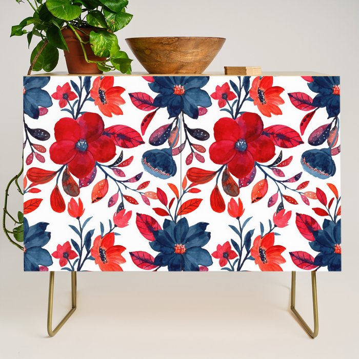 Red and Blue, Watercolor Painting of Flowers, Digital Art Credenza Gallery Image 1