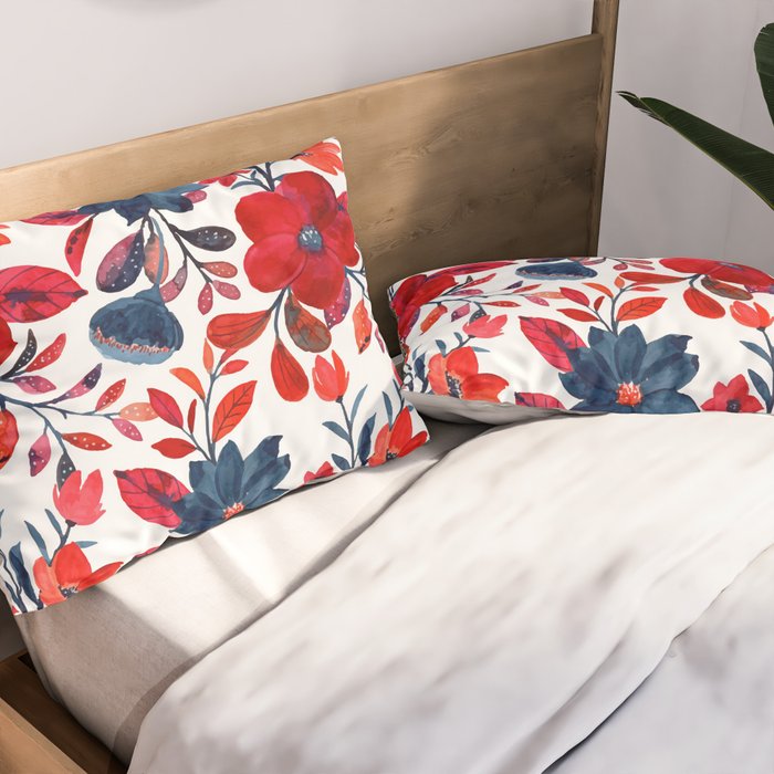 Red and Blue, Watercolor Painting of Flowers, Digital Art Pillow Sham Gallery Image 2