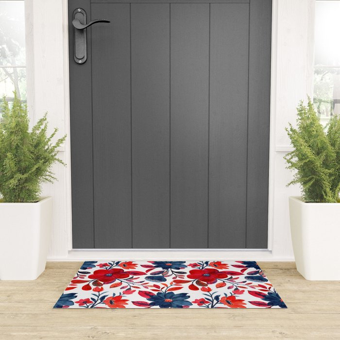 Red and Blue, Watercolor Painting of Flowers, Digital Art Welcome Mat Gallery Image 3