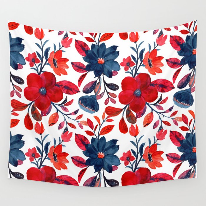 Red and Blue, Watercolor Painting of Flowers, Digital Art Wall Tapestry Gallery Image 4