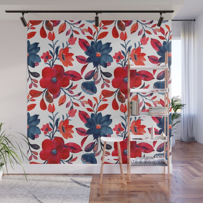 Red and Blue, Watercolor Painting of Flowers, Digital Art Wall Mural Gallery Image 1