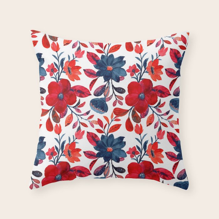 Red and Blue, Watercolor Painting of Flowers, Digital Art Throw Pillow Gallery Image 6