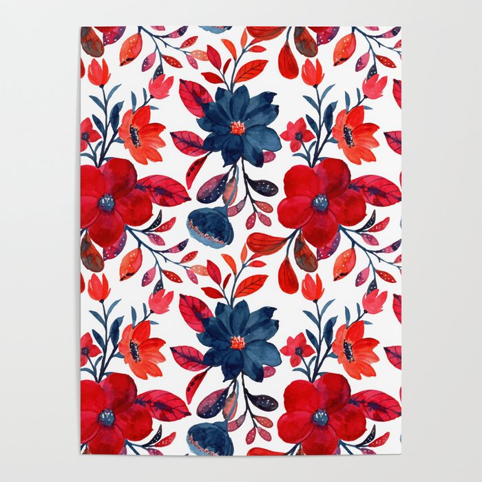 Red and Blue, Watercolor Painting of Flowers, Digital Art Poster Gallery Image 1