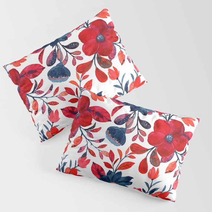 Red and Blue, Watercolor Painting of Flowers, Digital Art Pillow Sham Gallery Image 3