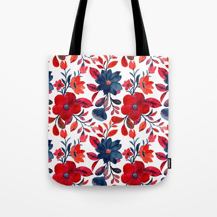 Red and Blue, Watercolor Painting of Flowers, Digital Art Tote Bag Gallery Image 1