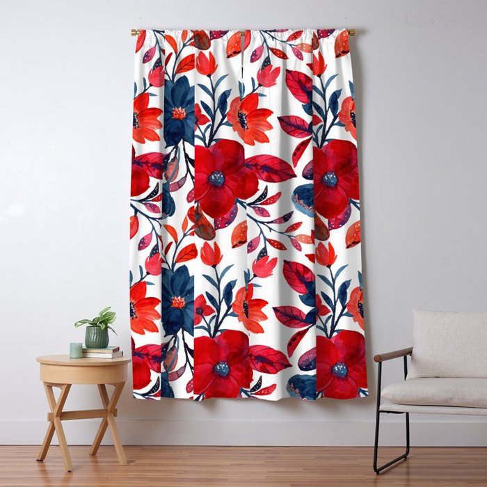 Red and Blue, Watercolor Painting of Flowers, Digital Art Window Curtain Gallery Image 5