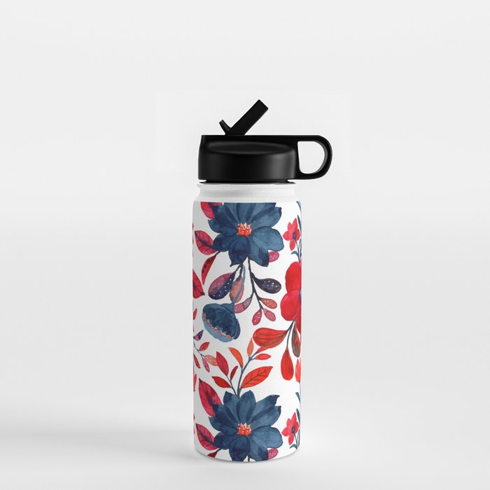 Red and Blue, Watercolor Painting of Flowers, Digital Art Water Bottle Gallery Image 1
