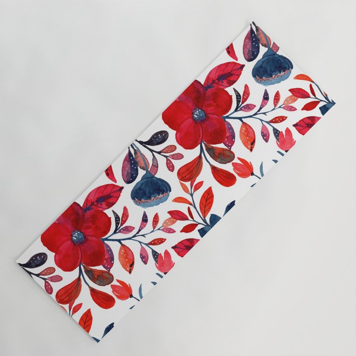 Red and Blue, Watercolor Painting of Flowers, Digital Art Yoga Mat Gallery Image 1
