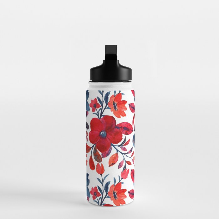 Red and Blue, Watercolor Painting of Flowers, Digital Art Water Bottle Gallery Image 3
