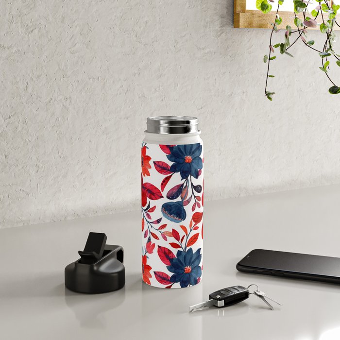 Red and Blue, Watercolor Painting of Flowers, Digital Art Water Bottle Gallery Image 4