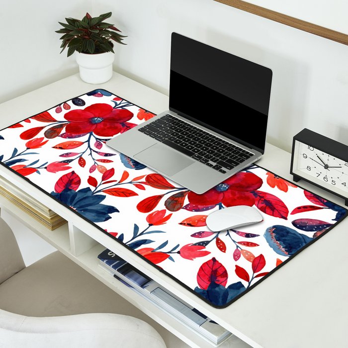 Red and Blue, Watercolor Painting of Flowers, Digital Art Desk Mat Gallery Image 2