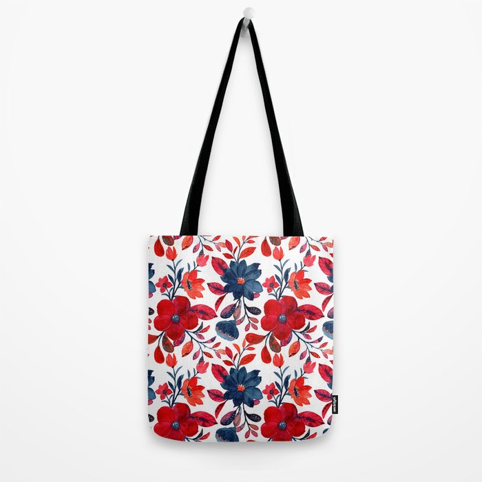 Red and Blue, Watercolor Painting of Flowers, Digital Art Tote Bag Gallery Image 2