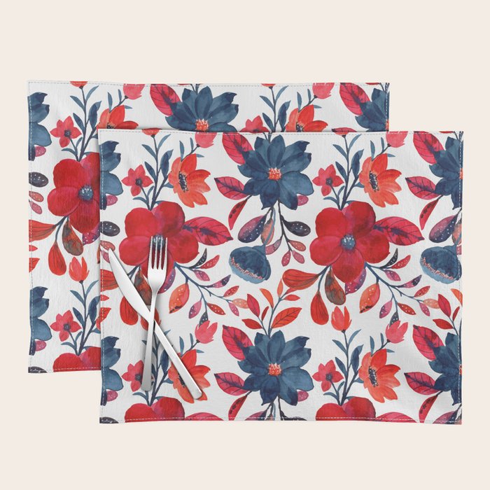 Red and Blue, Watercolor Painting of Flowers, Digital Art Placemat Gallery Image 1