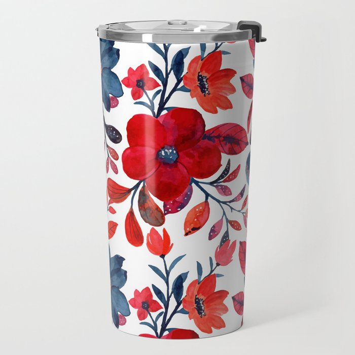 Red and Blue, Watercolor Painting of Flowers, Digital Art Travel Mug Gallery Image 2