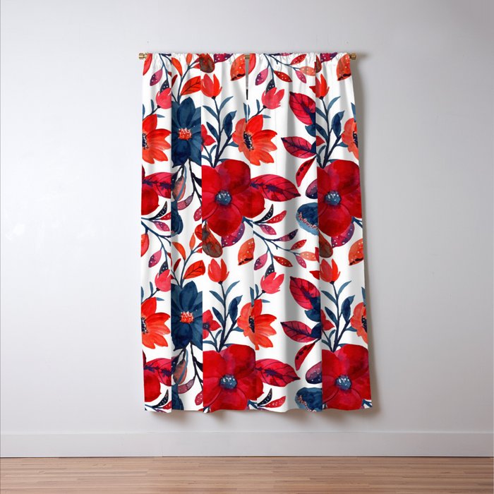 Red and Blue, Watercolor Painting of Flowers, Digital Art Window Curtain Gallery Image 3