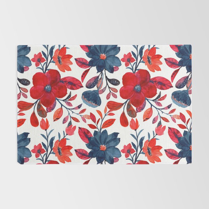 Red and Blue, Watercolor Painting of Flowers, Digital Art Rug Gallery Image 2