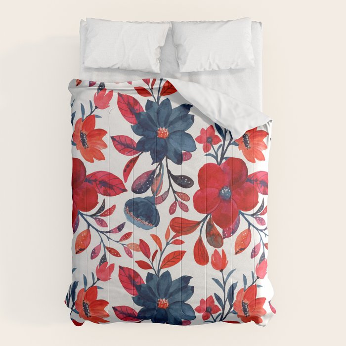 Red and Blue, Watercolor Painting of Flowers, Digital Art Comforter Gallery Image 1