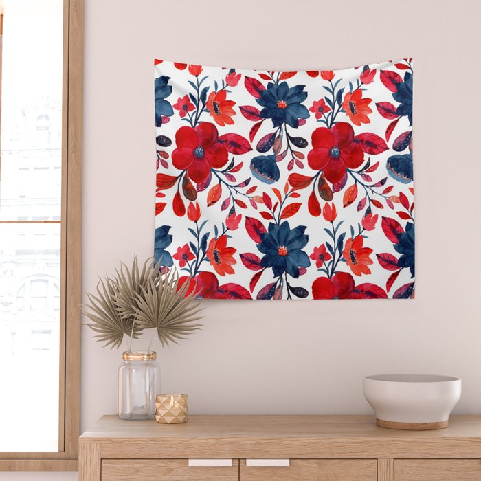 Red and Blue, Watercolor Painting of Flowers, Digital Art Wall Tapestry Gallery Image 2