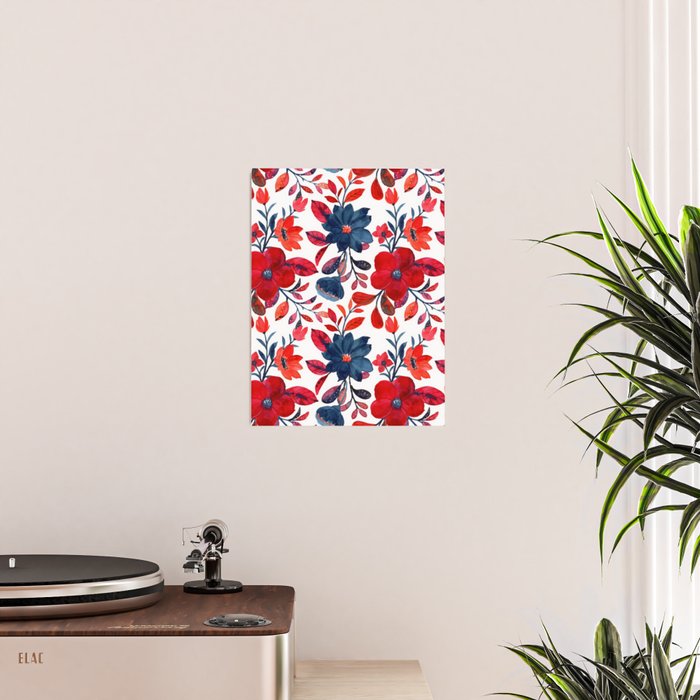 Red and Blue, Watercolor Painting of Flowers, Digital Art Poster Gallery Image 2