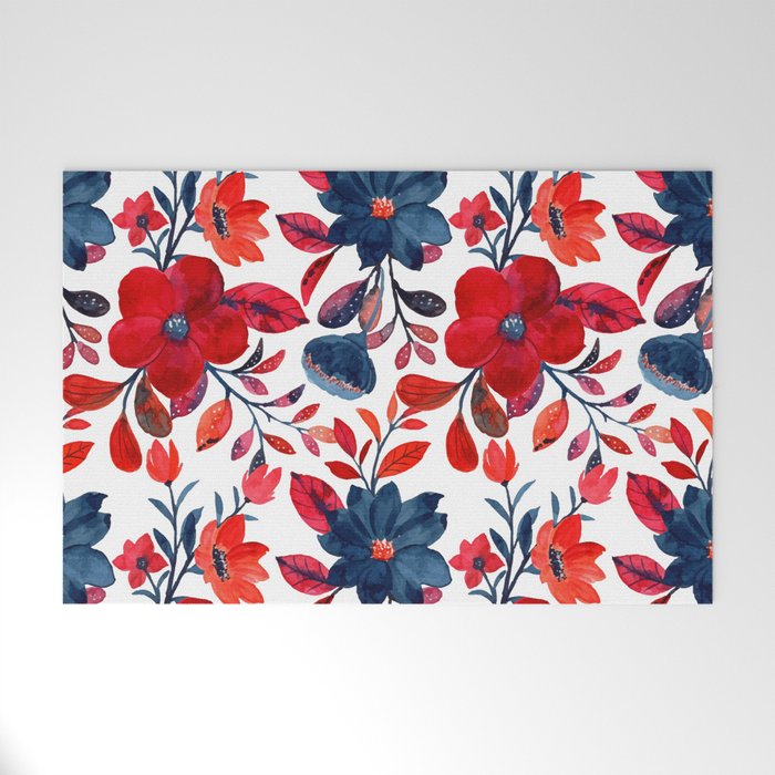 Red and Blue, Watercolor Painting of Flowers, Digital Art Welcome Mat Gallery Image 1